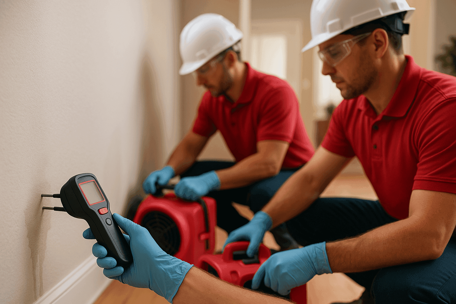 Two workers in protective gear using drying equipment in a clean home water damage restoration scene