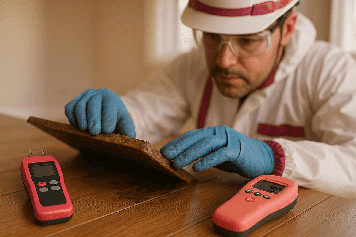 Close-up of technician’s gloved hands inspecting damp wooden floor with moisture detection tools